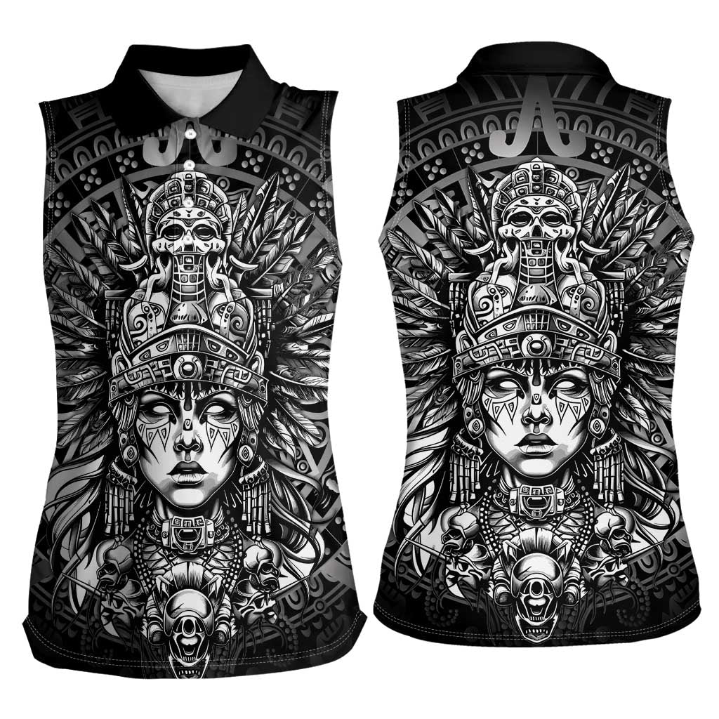 Mexico Aztec Warrior Goddess Women Sleeveless Polo Shirt Aztec Skull Tribal Calender Silver Spirit - Wonder Print Shop