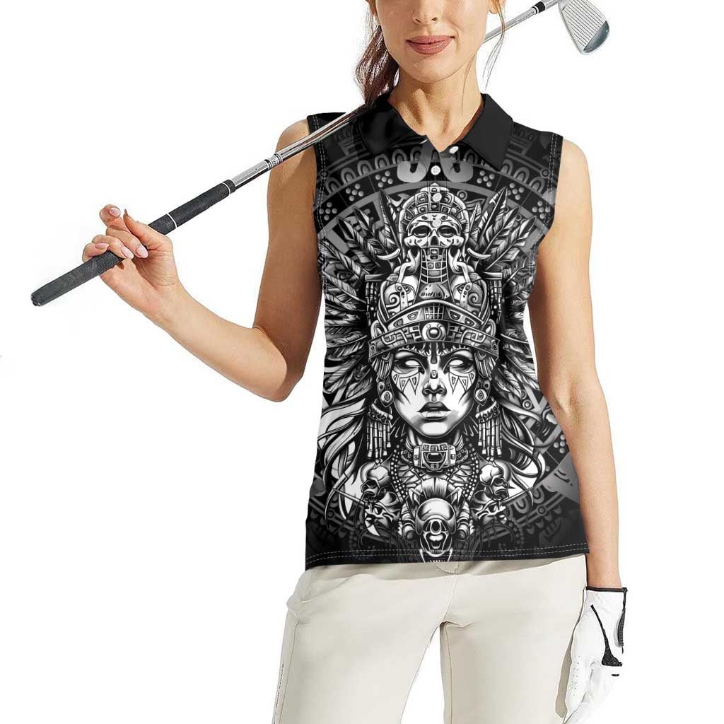 Mexico Aztec Warrior Goddess Women Sleeveless Polo Shirt Aztec Skull Tribal Calender Silver Spirit - Wonder Print Shop