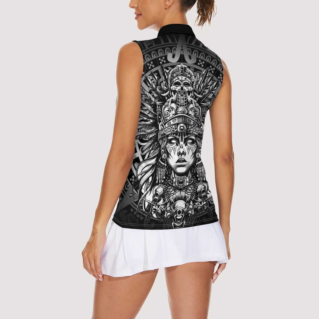 Mexico Aztec Warrior Goddess Women Sleeveless Polo Shirt Aztec Skull Tribal Calender Silver Spirit - Wonder Print Shop