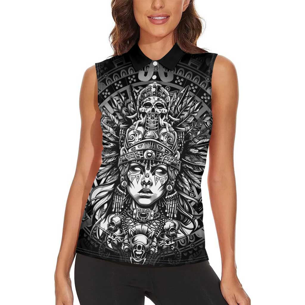 Mexico Aztec Warrior Goddess Women Sleeveless Polo Shirt Aztec Skull Tribal Calender Silver Spirit - Wonder Print Shop