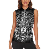 Mexico Aztec Warrior Goddess Women Sleeveless Polo Shirt Aztec Skull Tribal Calender Silver Spirit - Wonder Print Shop
