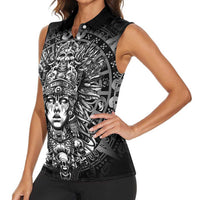Mexico Aztec Warrior Goddess Women Sleeveless Polo Shirt Aztec Skull Tribal Calender Silver Spirit - Wonder Print Shop