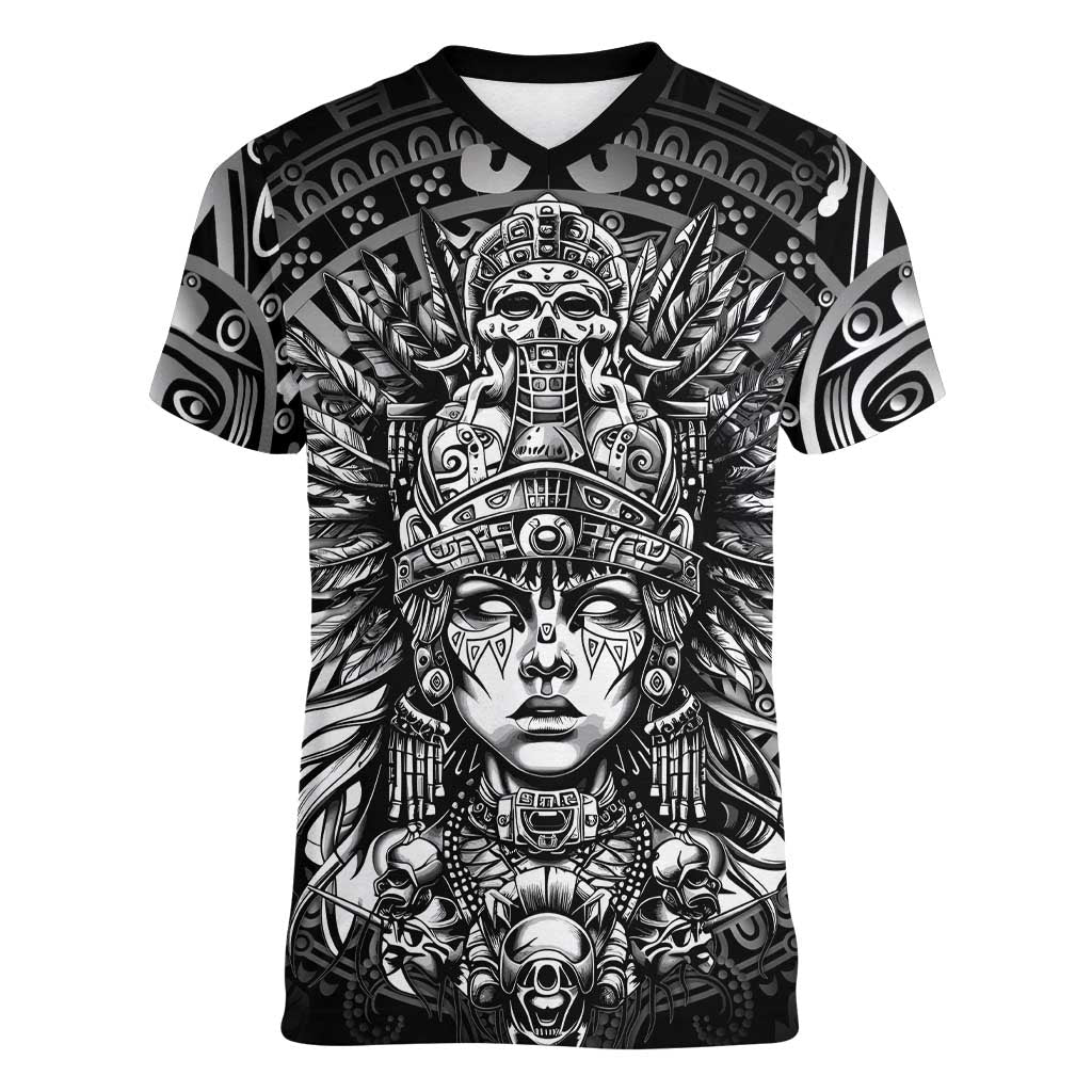 Mexico Aztec Warrior Goddess Women V-Neck T-Shirt Aztec Skull Tribal Calender Silver Spirit - Wonder Print Shop