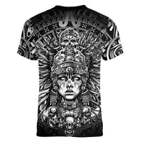 Mexico Aztec Warrior Goddess Women V-Neck T-Shirt Aztec Skull Tribal Calender Silver Spirit - Wonder Print Shop