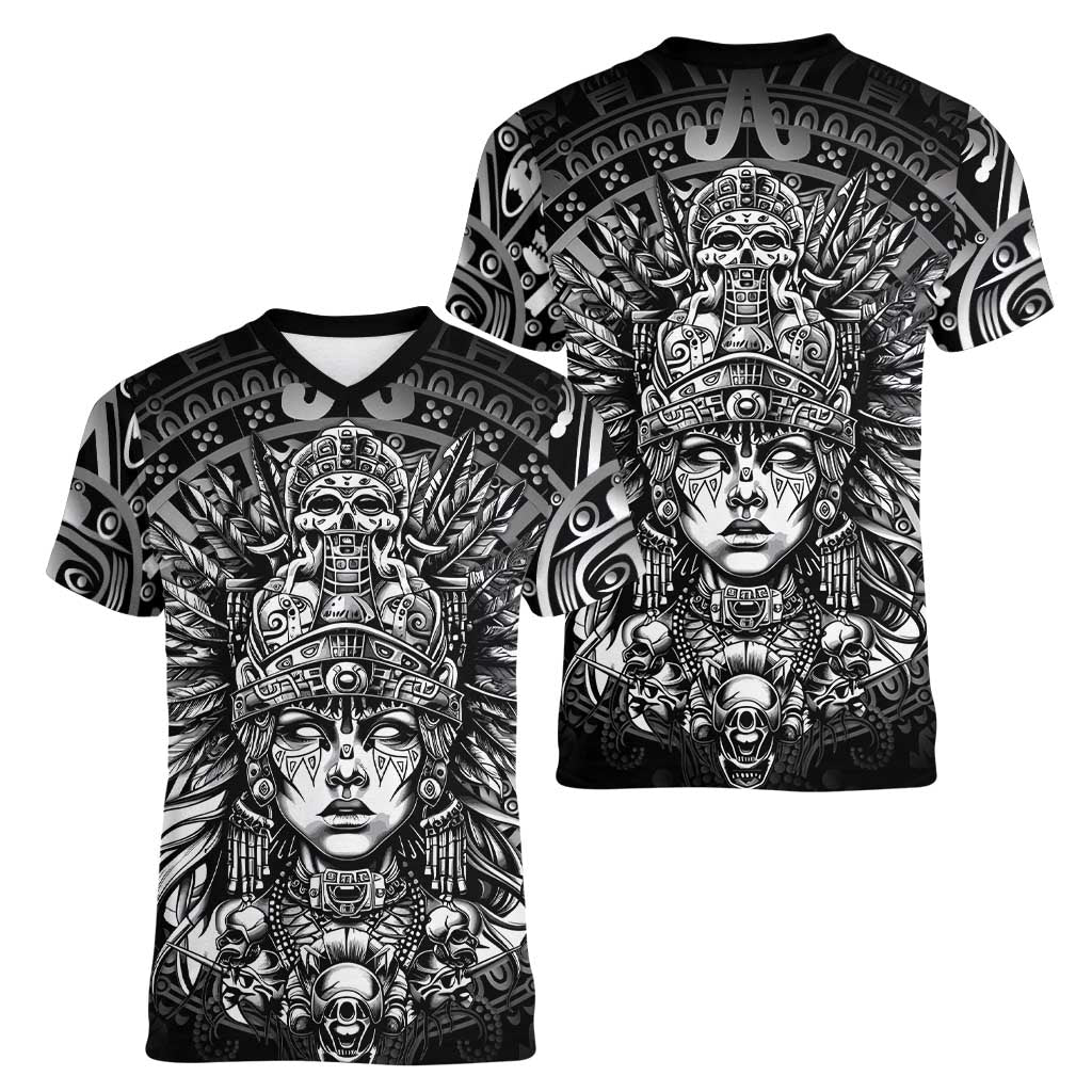 Mexico Aztec Warrior Goddess Women V-Neck T-Shirt Aztec Skull Tribal Calender Silver Spirit - Wonder Print Shop