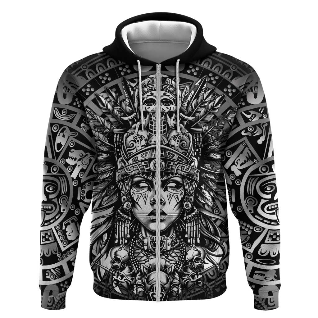 Mexico Aztec Warrior Goddess Zip Hoodie Aztec Skull Tribal Calender Silver Spirit - Wonder Print Shop