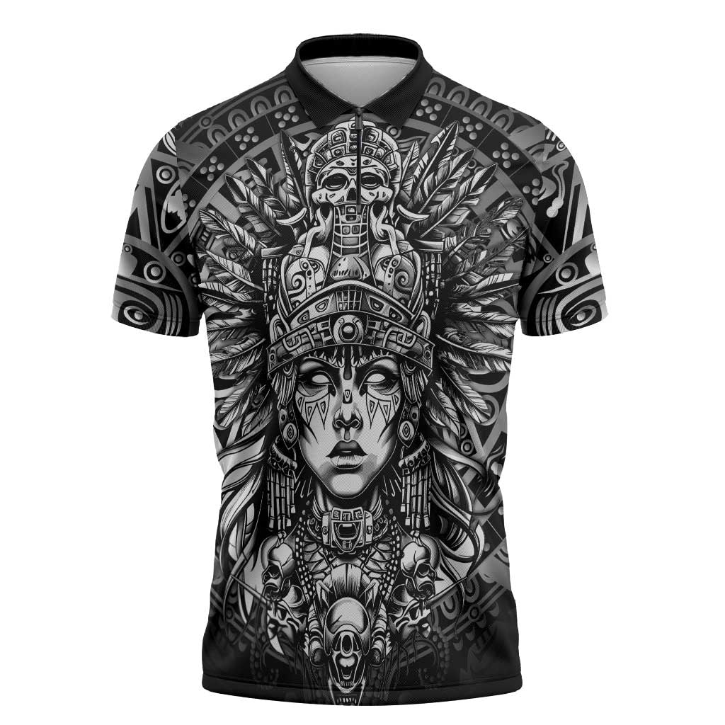 Mexico Aztec Warrior Goddess Zipper Polo Shirt Aztec Skull Tribal Calender Silver Spirit - Wonder Print Shop