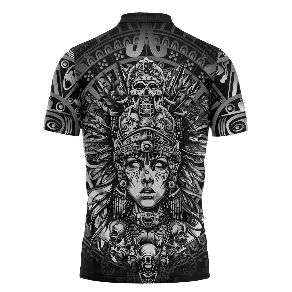 Mexico Aztec Warrior Goddess Zipper Polo Shirt Aztec Skull Tribal Calender Silver Spirit - Wonder Print Shop
