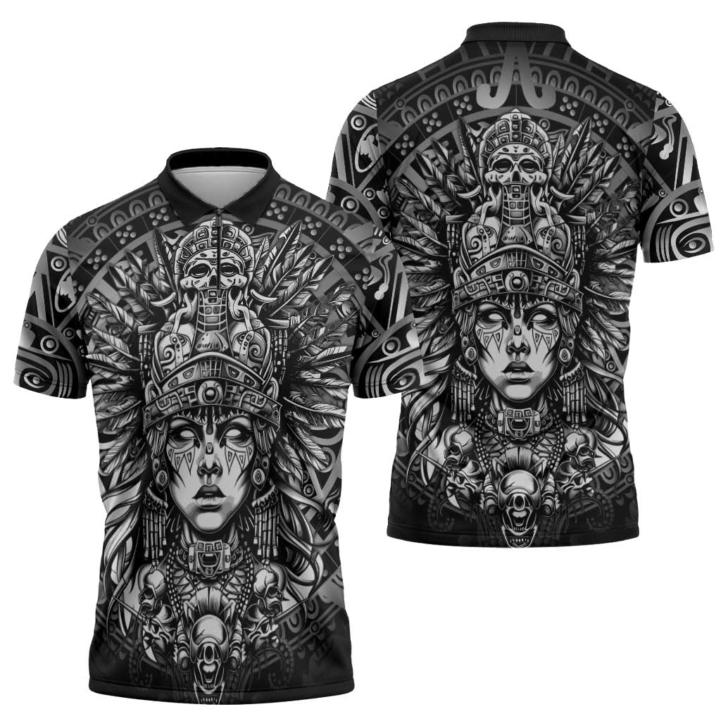Mexico Aztec Warrior Goddess Zipper Polo Shirt Aztec Skull Tribal Calender Silver Spirit - Wonder Print Shop