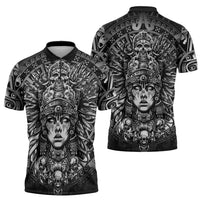 Mexico Aztec Warrior Goddess Zipper Polo Shirt Aztec Skull Tribal Calender Silver Spirit - Wonder Print Shop