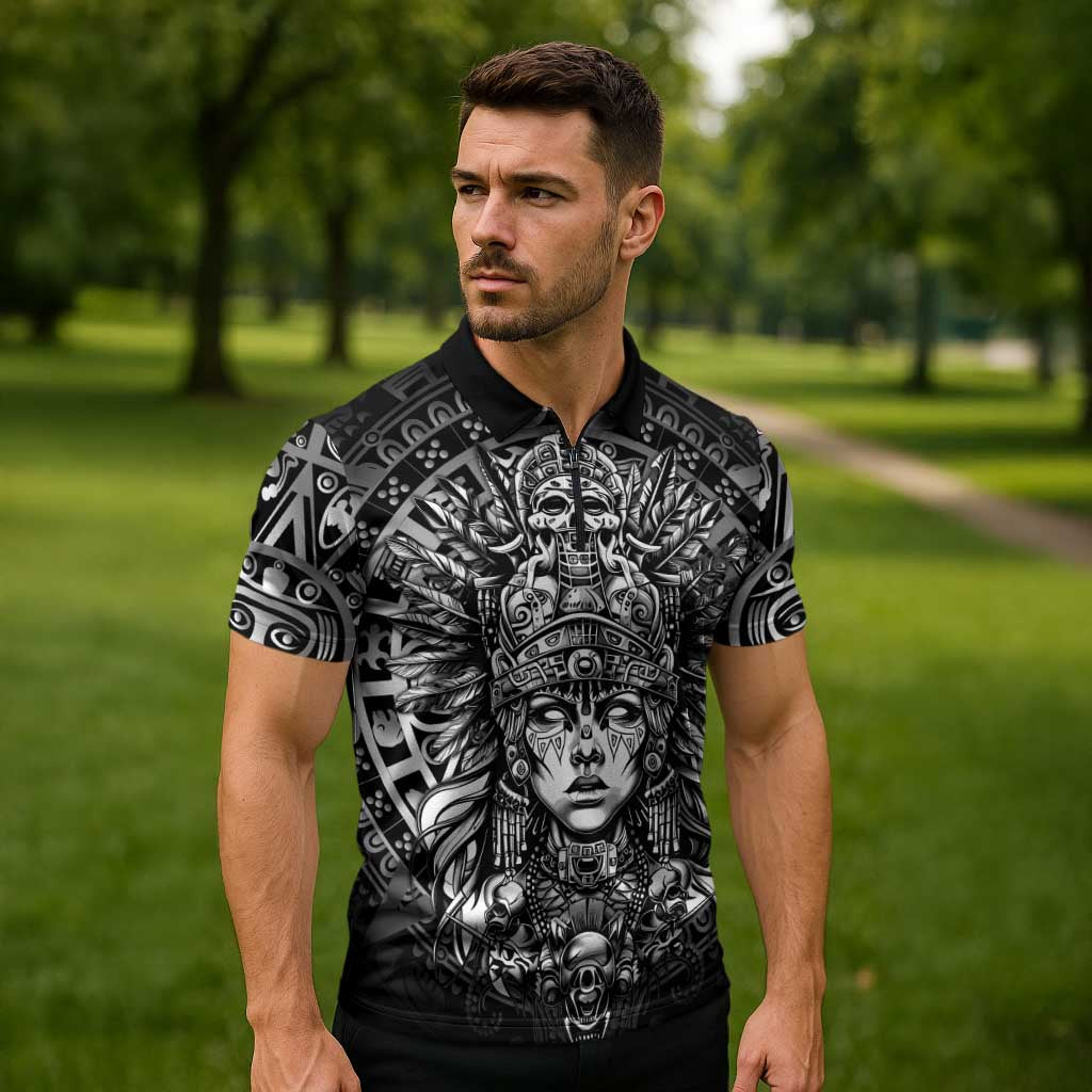 Mexico Aztec Warrior Goddess Zipper Polo Shirt Aztec Skull Tribal Calender Silver Spirit - Wonder Print Shop