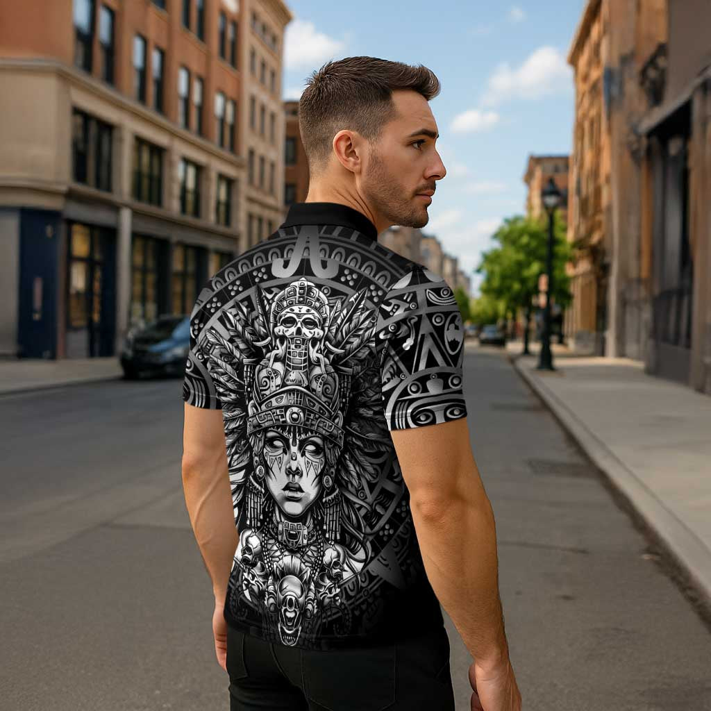Mexico Aztec Warrior Goddess Zipper Polo Shirt Aztec Skull Tribal Calender Silver Spirit - Wonder Print Shop