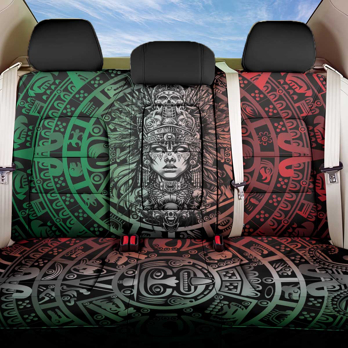 Mexico Aztec Warrior Goddess Back Car Seat Cover Aztec Skull Tribal Calender Tricolor Spirit - Wonder Print Shop