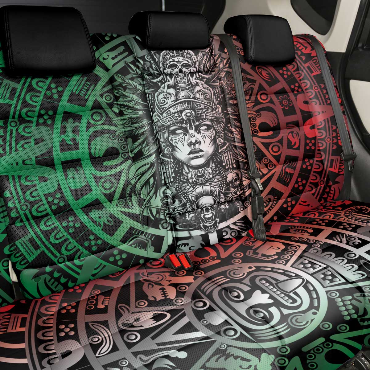 Mexico Aztec Warrior Goddess Back Car Seat Cover Aztec Skull Tribal Calender Tricolor Spirit - Wonder Print Shop