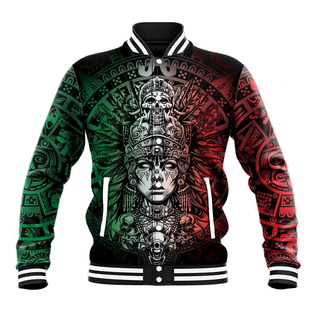 Mexico Aztec Warrior Goddess Baseball Jacket Aztec Skull Tribal Calender Tricolor Spirit - Wonder Print Shop