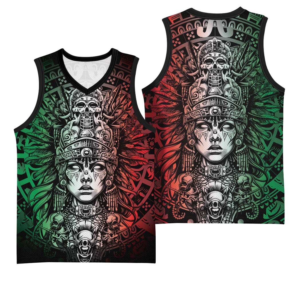 Mexico Aztec Warrior Goddess Basketball Jersey Aztec Skull Tribal Calender Tricolor Spirit - Wonder Print Shop