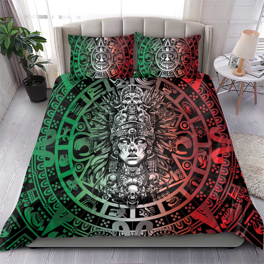 Mexico Aztec Warrior Goddess Bedding Set Aztec Skull Tribal Calender Tricolor Spirit - Wonder Print Shop