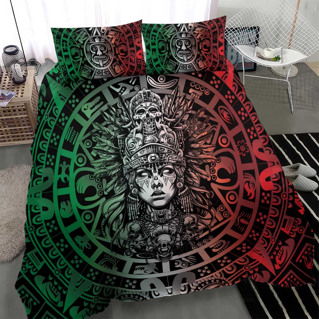 Mexico Aztec Warrior Goddess Bedding Set Aztec Skull Tribal Calender Tricolor Spirit - Wonder Print Shop