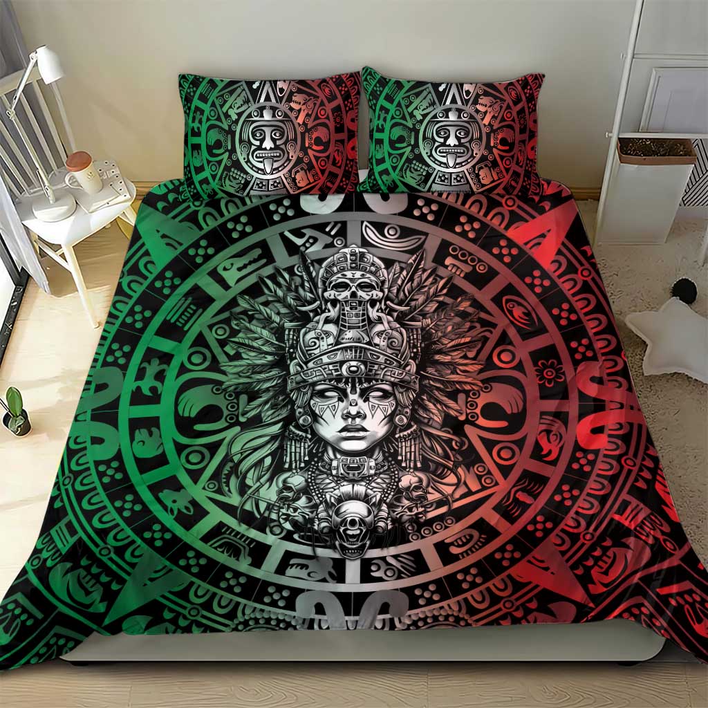 Mexico Aztec Warrior Goddess Bedding Set Aztec Skull Tribal Calender Tricolor Spirit - Wonder Print Shop