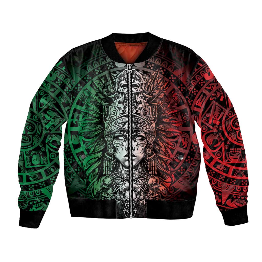 Mexico Aztec Warrior Goddess Bomber Jacket Aztec Skull Tribal Calender Tricolor Spirit - Wonder Print Shop