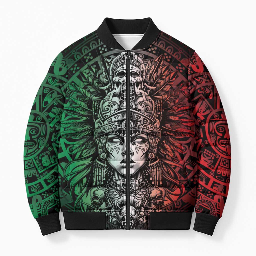 Mexico Aztec Warrior Goddess Bomber Puffer Jacket Aztec Skull Tribal Calender Tricolor Spirit - Wonder Print Shop