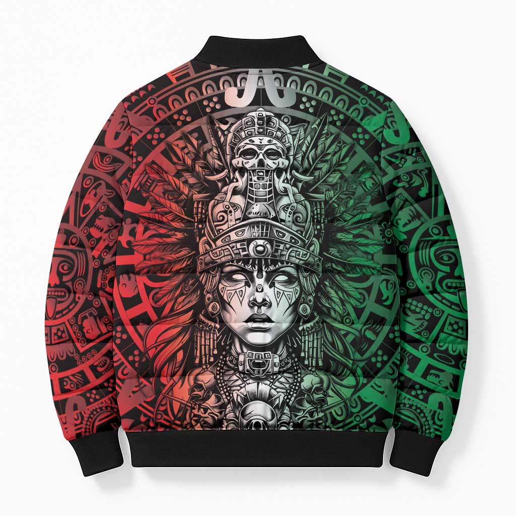 Mexico Aztec Warrior Goddess Bomber Puffer Jacket Aztec Skull Tribal Calender Tricolor Spirit - Wonder Print Shop