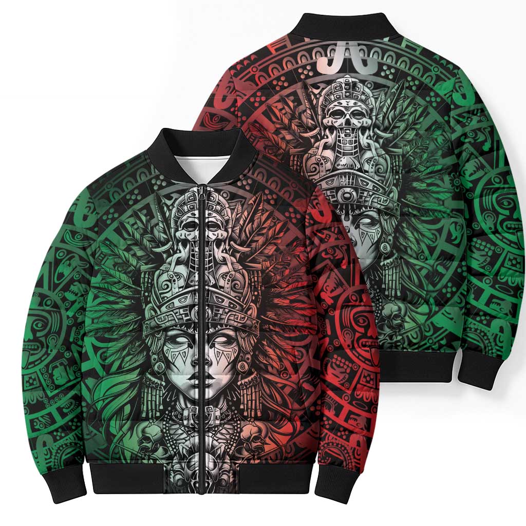 Mexico Aztec Warrior Goddess Bomber Puffer Jacket Aztec Skull Tribal Calender Tricolor Spirit - Wonder Print Shop