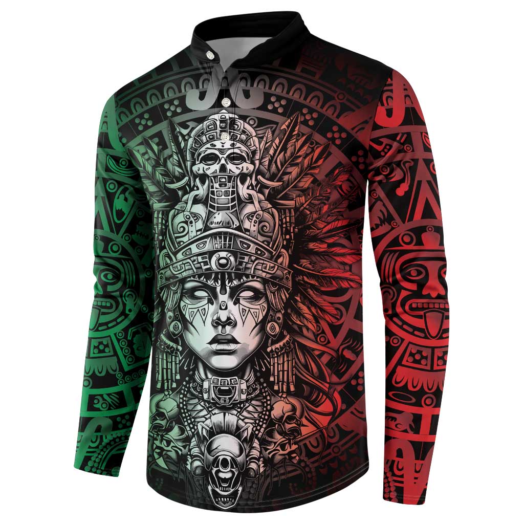 Mexico Aztec Warrior Goddess Button Sweatshirt Aztec Skull Tribal Calender Tricolor Spirit - Wonder Print Shop