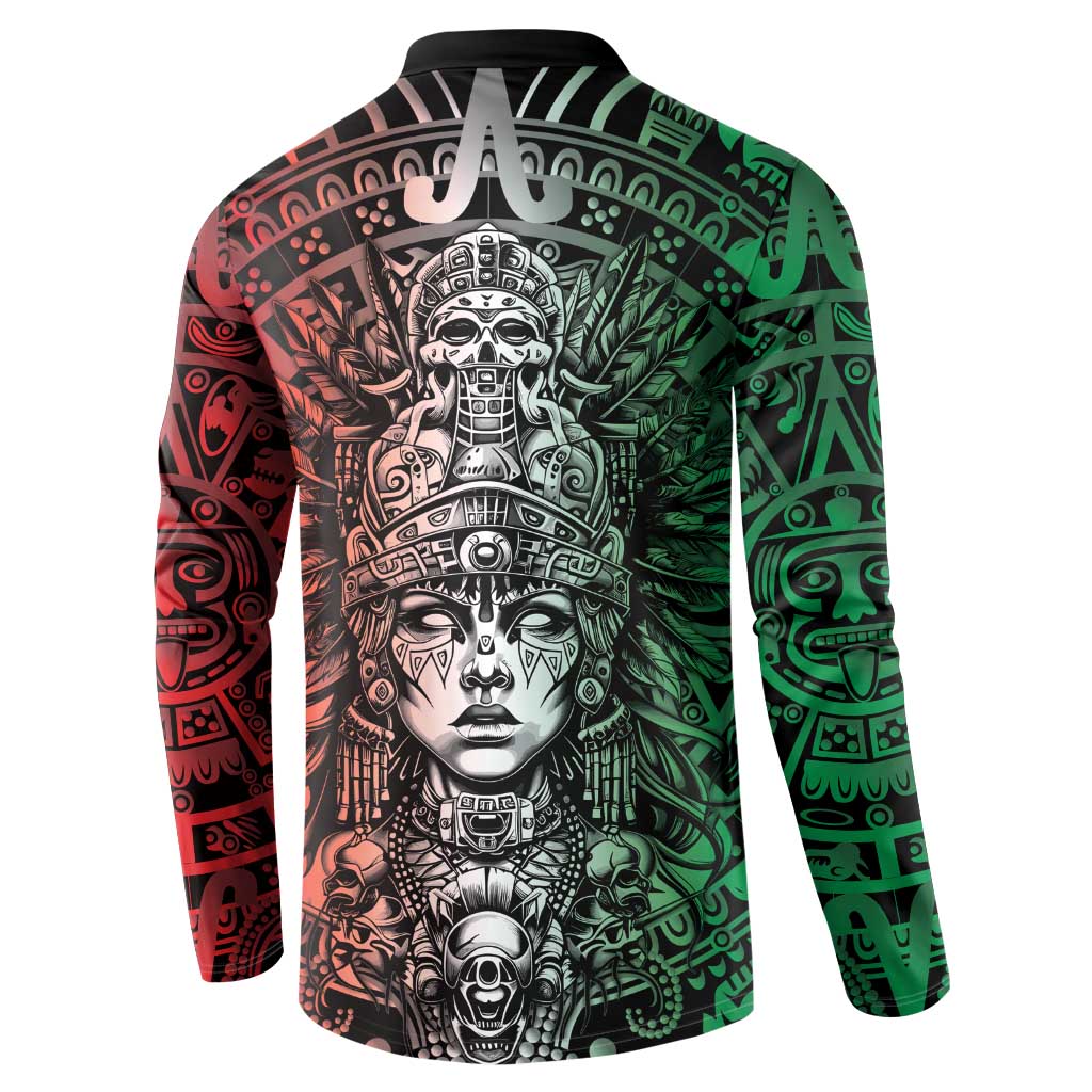 Mexico Aztec Warrior Goddess Button Sweatshirt Aztec Skull Tribal Calender Tricolor Spirit - Wonder Print Shop