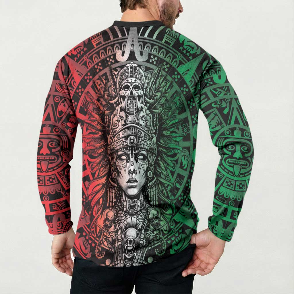 Mexico Aztec Warrior Goddess Button Sweatshirt Aztec Skull Tribal Calender Tricolor Spirit - Wonder Print Shop