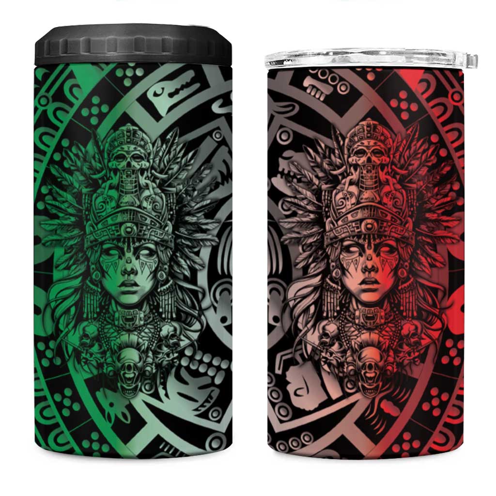 Mexico Aztec Warrior Goddess 4 in 1 Can Cooler Tumbler Aztec Skull Tribal Calender Tricolor Spirit - Wonder Print Shop