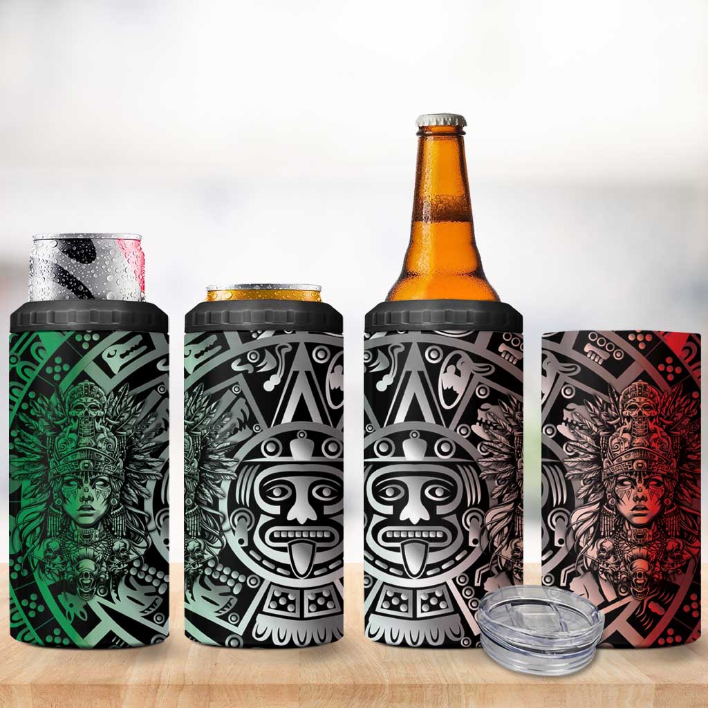 Mexico Aztec Warrior Goddess 4 in 1 Can Cooler Tumbler Aztec Skull Tribal Calender Tricolor Spirit - Wonder Print Shop