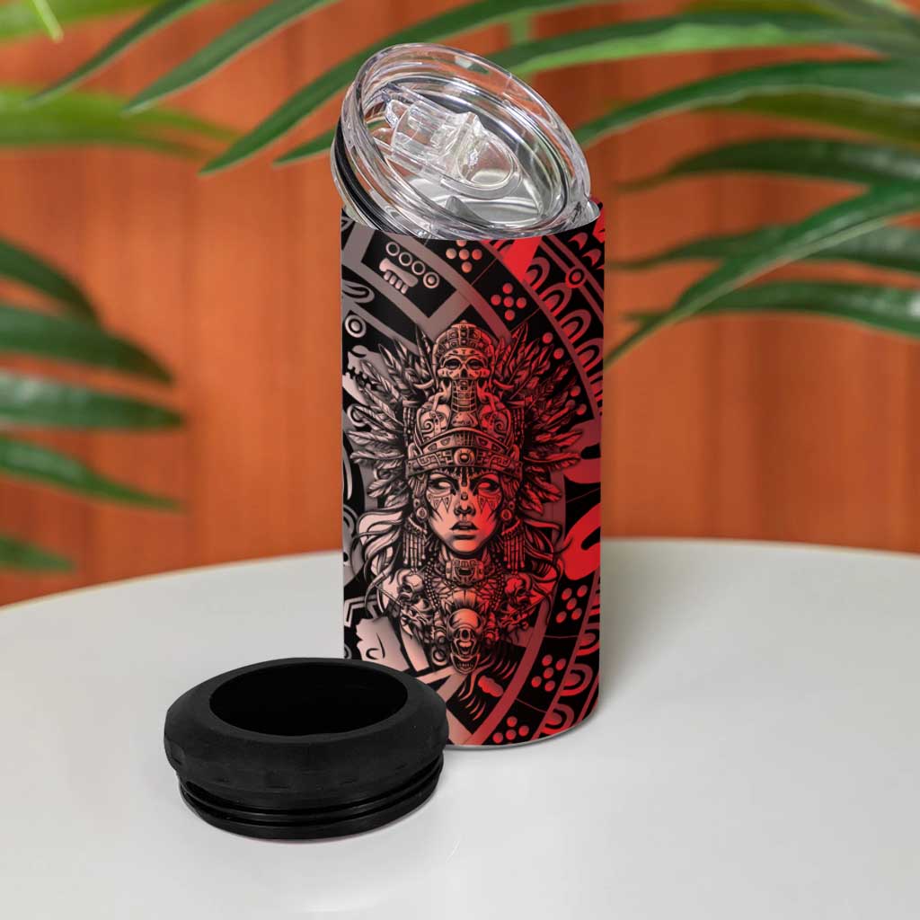 Mexico Aztec Warrior Goddess 4 in 1 Can Cooler Tumbler Aztec Skull Tribal Calender Tricolor Spirit - Wonder Print Shop