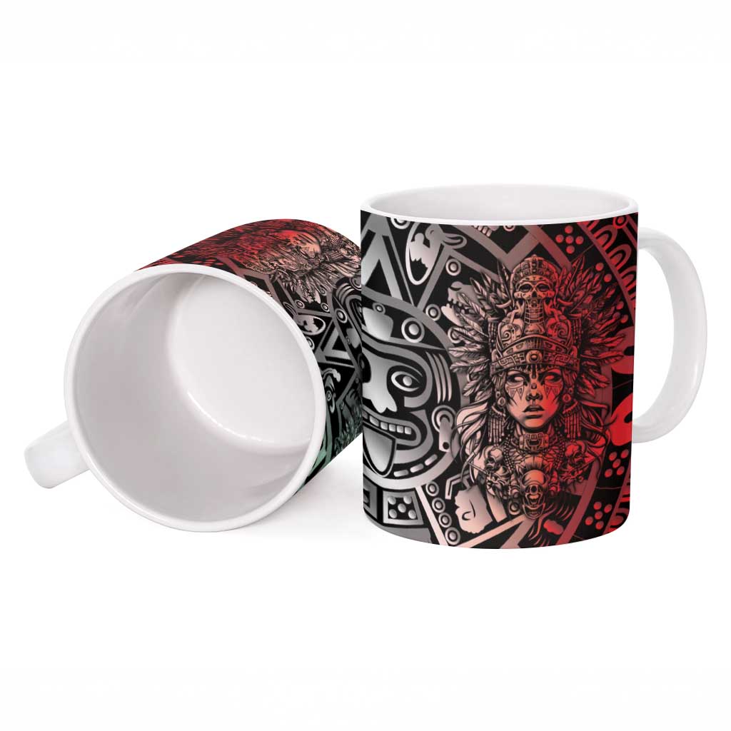 Mexico Aztec Warrior Goddess Ceramic Mug Aztec Skull Tribal Calender Tricolor Spirit - Wonder Print Shop