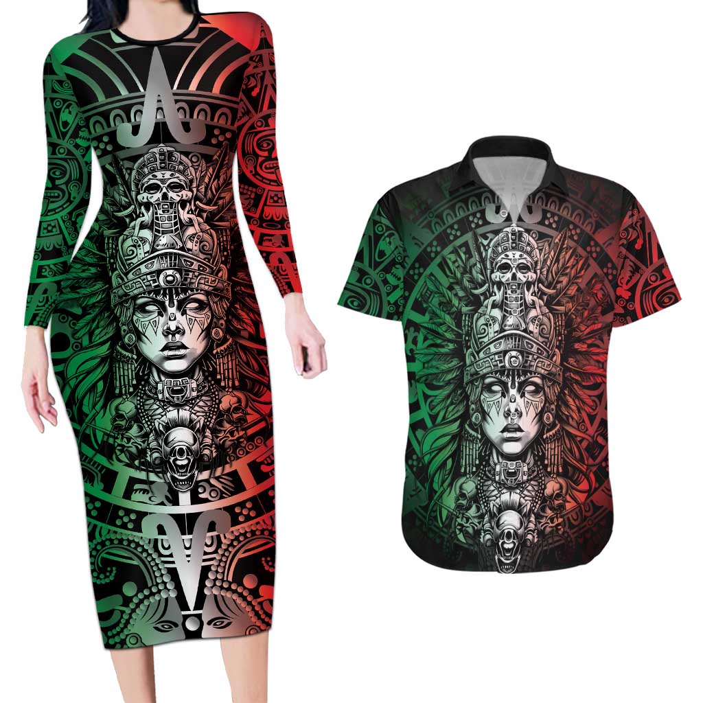 Mexico Aztec Warrior Goddess Couples Matching Long Sleeve Bodycon Dress and Hawaiian Shirt Aztec Skull Tribal Calender Tricolor Spirit - Wonder Print Shop