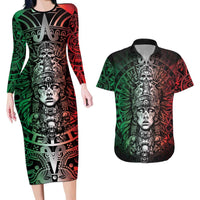 Mexico Aztec Warrior Goddess Couples Matching Long Sleeve Bodycon Dress and Hawaiian Shirt Aztec Skull Tribal Calender Tricolor Spirit - Wonder Print Shop