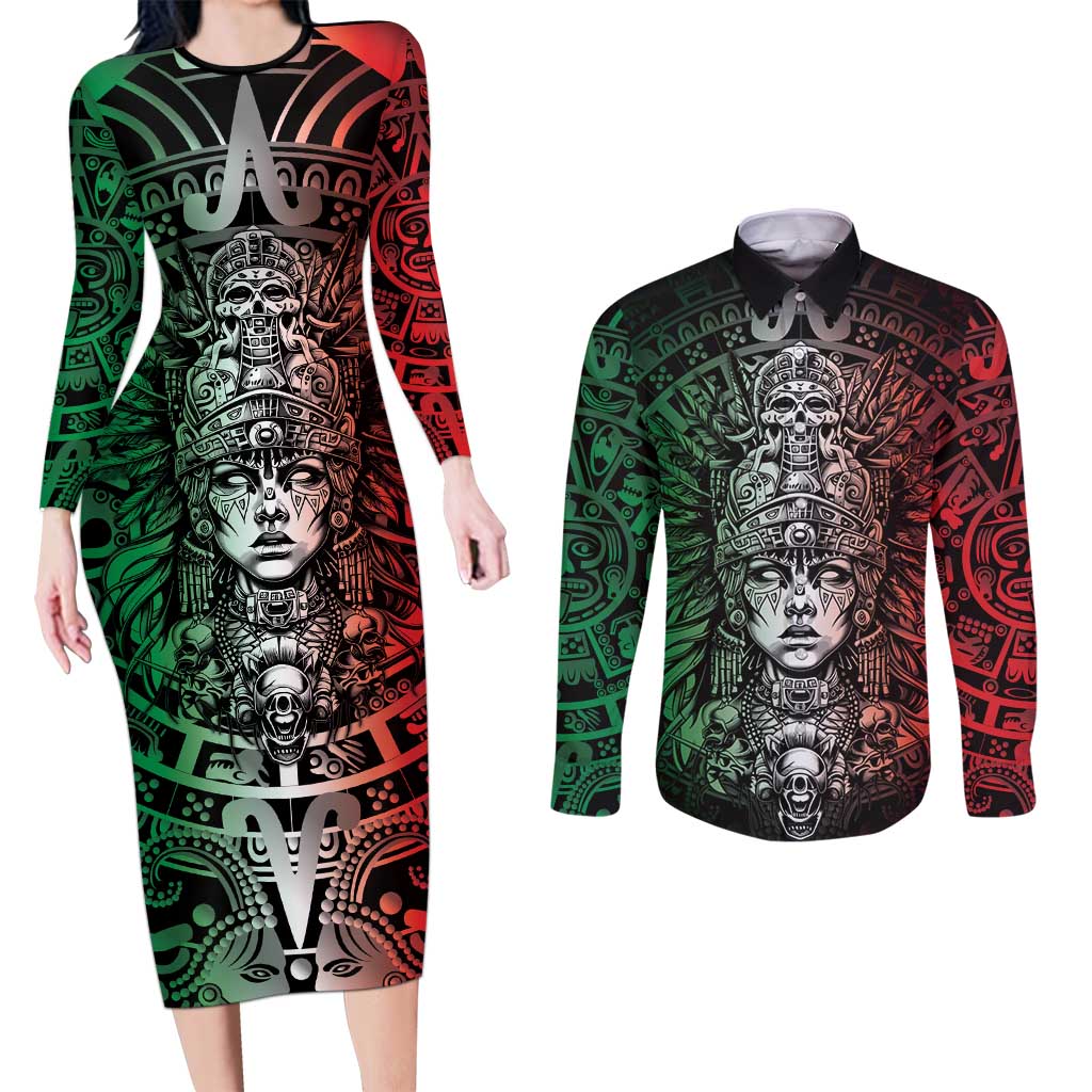 Mexico Aztec Warrior Goddess Couples Matching Long Sleeve Bodycon Dress and Long Sleeve Button Shirt Aztec Skull Tribal Calender Tricolor Spirit - Wonder Print Shop