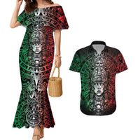 Mexico Aztec Warrior Goddess Couples Matching Mermaid Dress and Hawaiian Shirt Aztec Skull Tribal Calender Tricolor Spirit - Wonder Print Shop