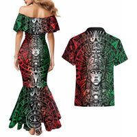 Mexico Aztec Warrior Goddess Couples Matching Mermaid Dress and Hawaiian Shirt Aztec Skull Tribal Calender Tricolor Spirit - Wonder Print Shop