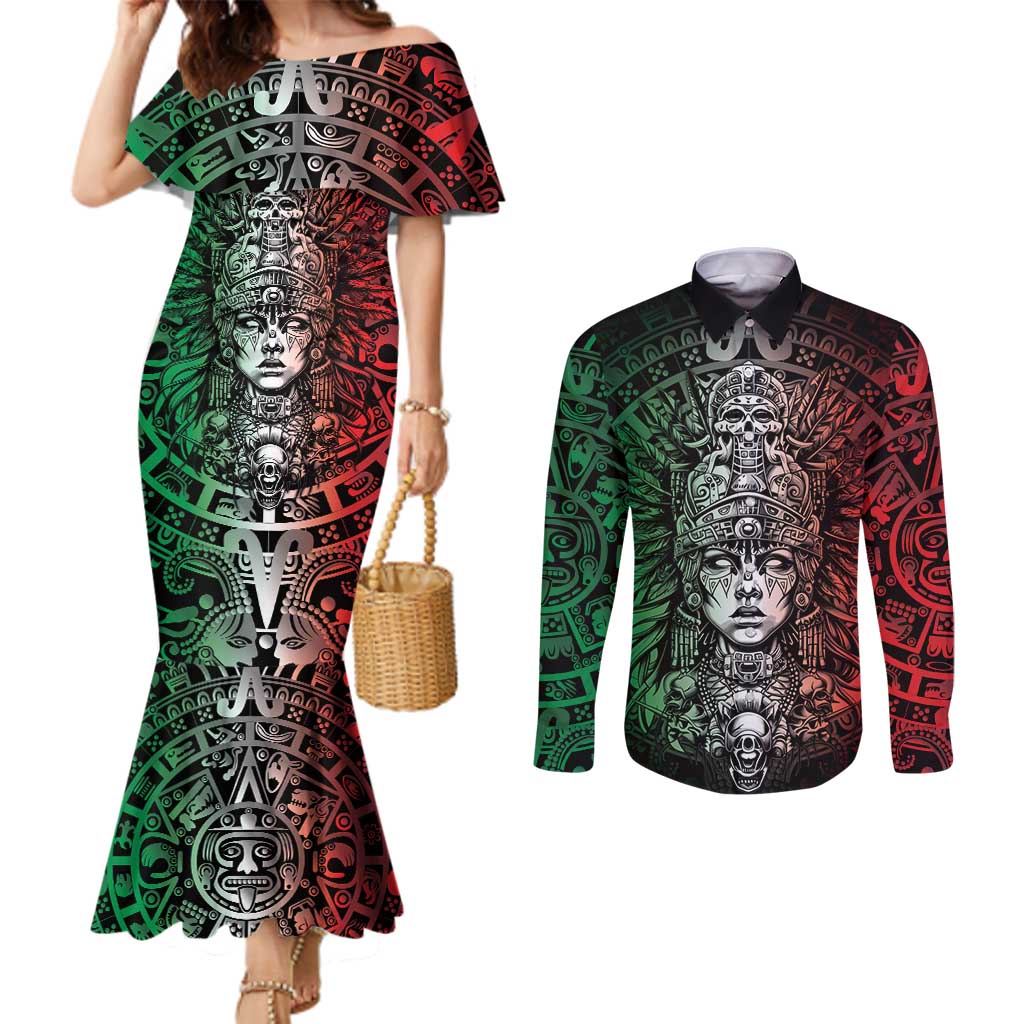 Mexico Aztec Warrior Goddess Couples Matching Mermaid Dress and Long Sleeve Button Shirt Aztec Skull Tribal Calender Tricolor Spirit - Wonder Print Shop