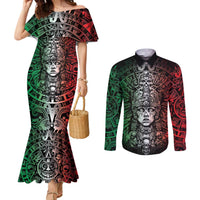 Mexico Aztec Warrior Goddess Couples Matching Mermaid Dress and Long Sleeve Button Shirt Aztec Skull Tribal Calender Tricolor Spirit - Wonder Print Shop