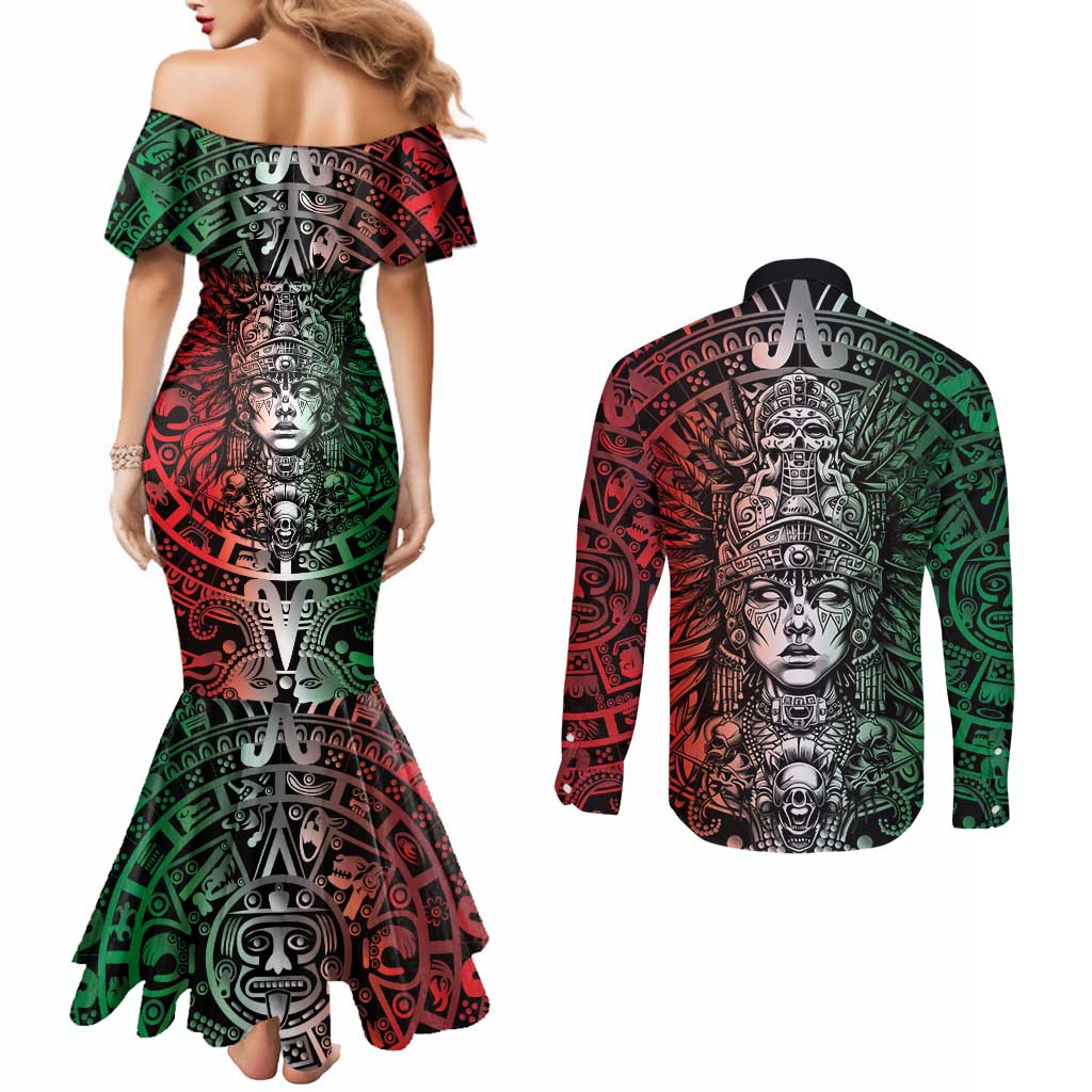 Mexico Aztec Warrior Goddess Couples Matching Mermaid Dress and Long Sleeve Button Shirt Aztec Skull Tribal Calender Tricolor Spirit - Wonder Print Shop
