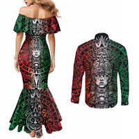 Mexico Aztec Warrior Goddess Couples Matching Mermaid Dress and Long Sleeve Button Shirt Aztec Skull Tribal Calender Tricolor Spirit - Wonder Print Shop