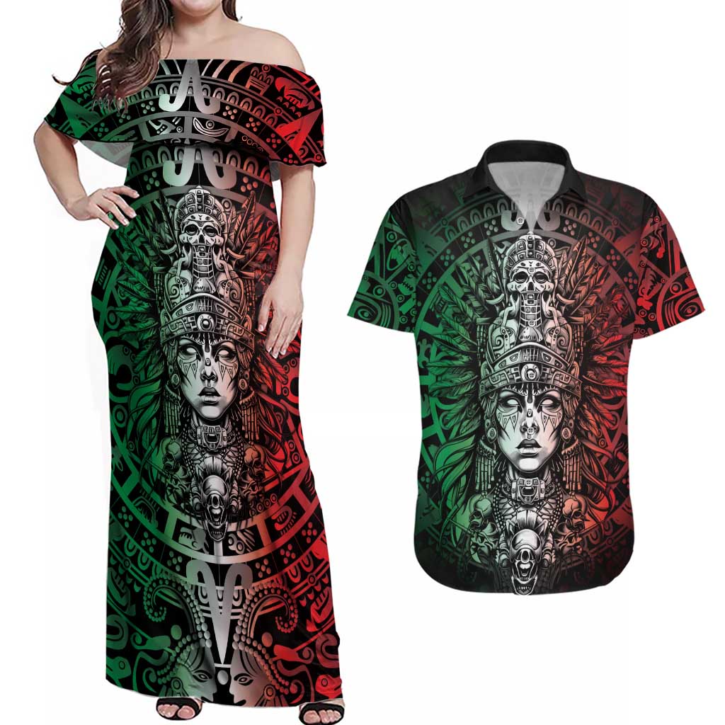 Mexico Aztec Warrior Goddess Couples Matching Off Shoulder Maxi Dress and Hawaiian Shirt Aztec Skull Tribal Calender Tricolor Spirit - Wonder Print Shop
