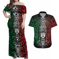Mexico Aztec Warrior Goddess Couples Matching Off Shoulder Maxi Dress and Hawaiian Shirt Aztec Skull Tribal Calender Tricolor Spirit - Wonder Print Shop