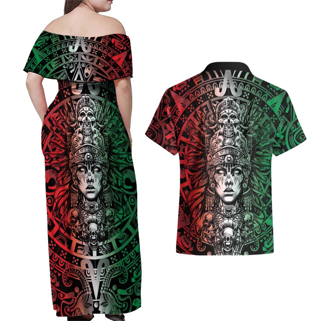 Mexico Aztec Warrior Goddess Couples Matching Off Shoulder Maxi Dress and Hawaiian Shirt Aztec Skull Tribal Calender Tricolor Spirit - Wonder Print Shop