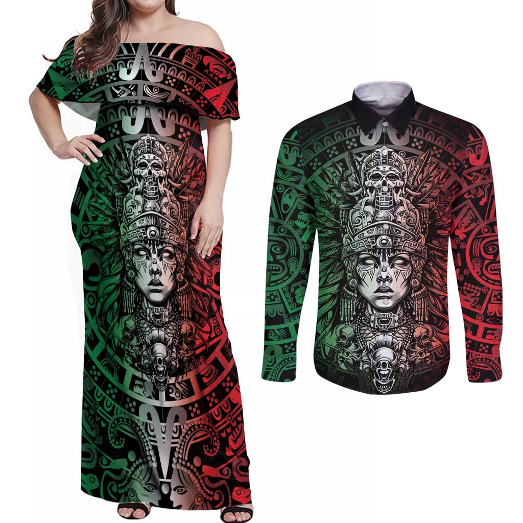 Mexico Aztec Warrior Goddess Couples Matching Off Shoulder Maxi Dress and Long Sleeve Button Shirt Aztec Skull Tribal Calender Tricolor Spirit - Wonder Print Shop