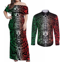 Mexico Aztec Warrior Goddess Couples Matching Off Shoulder Maxi Dress and Long Sleeve Button Shirt Aztec Skull Tribal Calender Tricolor Spirit - Wonder Print Shop