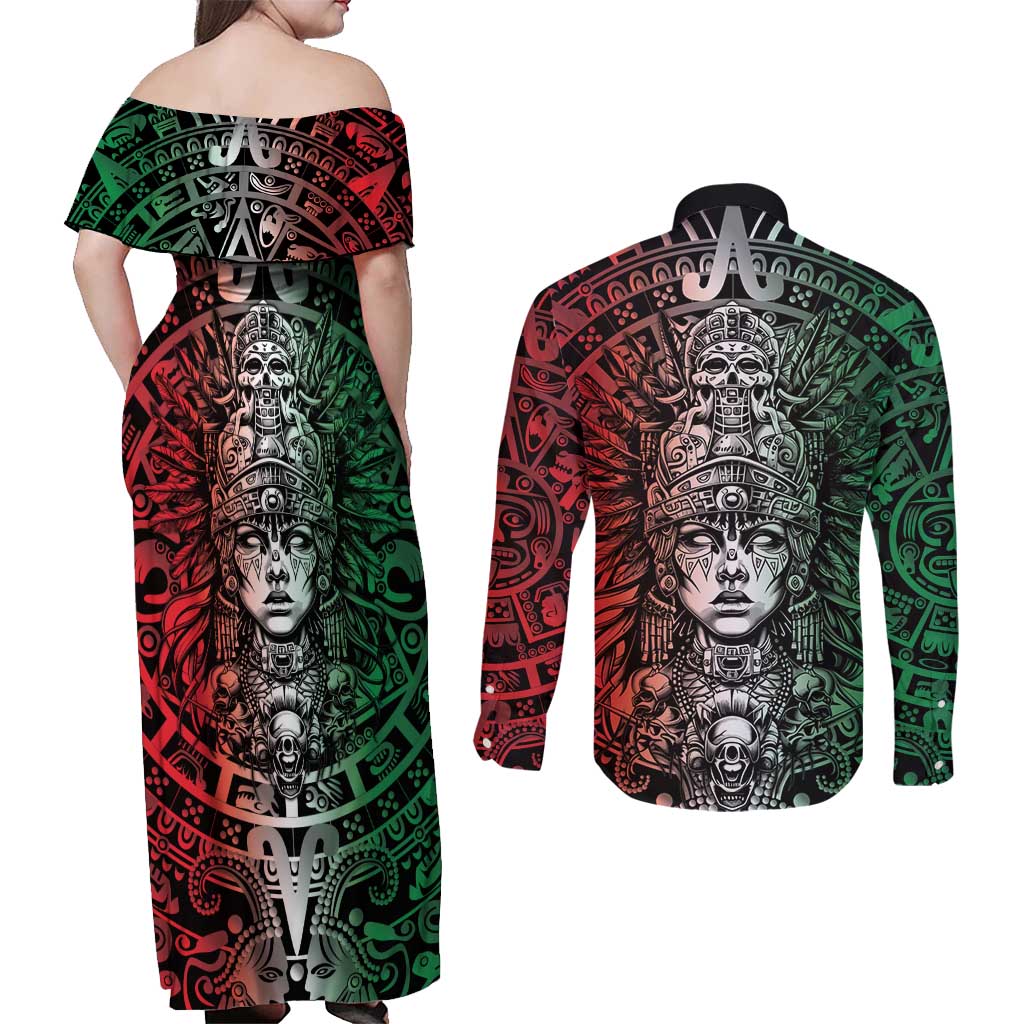 Mexico Aztec Warrior Goddess Couples Matching Off Shoulder Maxi Dress and Long Sleeve Button Shirt Aztec Skull Tribal Calender Tricolor Spirit - Wonder Print Shop