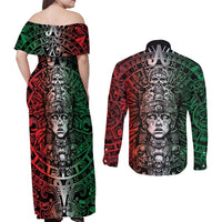 Mexico Aztec Warrior Goddess Couples Matching Off Shoulder Maxi Dress and Long Sleeve Button Shirt Aztec Skull Tribal Calender Tricolor Spirit - Wonder Print Shop